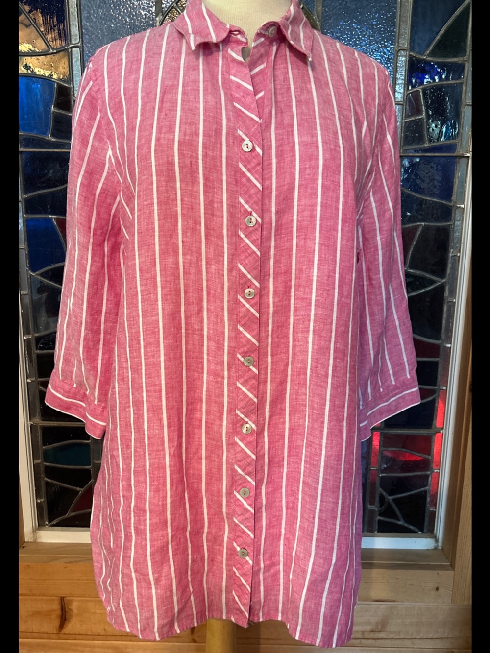 Chicos Top Womens Size 3 Pink Striped Linen Button Up Coastal Chic No Iron